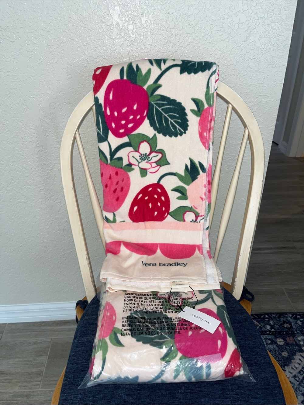 SET OF 2 Vera Bradley Strawberry Print Beach Towel - Pink & Green on Cream NWT